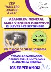 Asamblea General . AMPA y Equipo Directivo. El jueves 4 de septiembre de 2025. A las 20:30h.